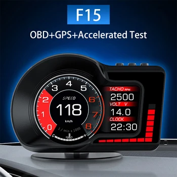 8 Цветов ускоренного теста Спидометр Датчик оборотов в минуту 6 Функций сигнализации Автомобильный головной дисплей OBD GPS Двойная система F15 HUD