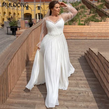 MULOONG Элегантное свадебное платье трапециевидной формы с длинными рукавами в виде сердечка, кружевными аппликациями и высоким разрезом, длиной до пола, со шлейфом и рюшами.