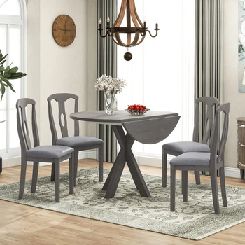 Круглый обеденный стол из дерева в деревенском стиле из 5 предметов на 4 персоны, кухонная мебель с откидной створкой и 4 обеденных стула с мягкой обивкой