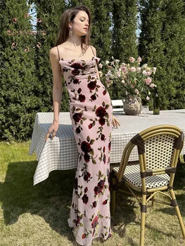 Easysmall House of cb Романтическое Длинное платье из Розового Шелка С Обожженным Цветком, Дизайнерское платье с открытой спиной на бретельках, Подвешенное на берегу моря