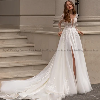 Высококачественные свадебные платья трапециевидной формы с V-образным вырезом, Тюлевая аппликация с высоким разрезом, Открытая спина, длина до пола, свадебные платья для женщин 2023 года, длинные