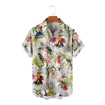 Мужские повседневные гавайские рубашки с принтом попугая, фиолетовые рубашки с коротким рукавом, классные летние топы, винтажные дышащие