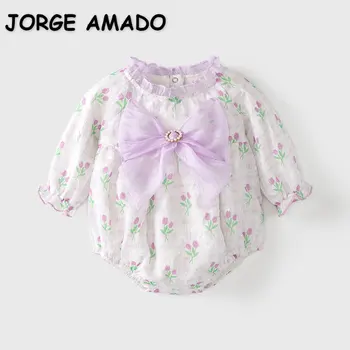 Боди для девочки в Корейском стиле на весну и осень, фиолетовый тюльпан, круглый воротник, Длинные рукава, комбинезон с бантом, одежда для новорожденных, E23320