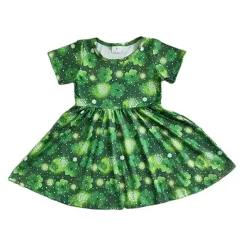 Детское платье с клевером на День Святого Патрика, Одежда зеленого цвета с коротким рукавом для маленьких девочек, Оптовая продажа, Детская мода, Праздничная одежда для малышей