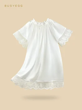 Милая кружевная ночная рубашка из белого натурального шелка в стиле принцессы, летнее платье для девочек, детская домашняя одежда с коротким рукавом, детская ночная рубашка