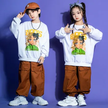 Подростковый костюм Kpop, детская одежда в стиле хип-хоп, белая рубашка, топы с героями мультфильмов, джоггеры, брюки-карго для девочек, одежда для джазовых уличных танцев для мальчиков