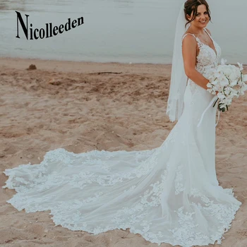 Свадебные платья Nicolle Trumpet с V образным вырезом и кружевными аппликациями Без рукавов со шлейфом и открытой спиной для невесты на заказ