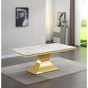 Мраморный прямоугольный обеденный стол с золотой зеркальной отделкой, основание из нержавеющей стали