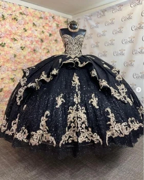 Платья Charro Quinceanera В Мексиканском стиле, Черное Бальное Платье Для Выпускного Вечера С блестками, Милое Платье 16 Gilrs Princess Vestido 15 Anos