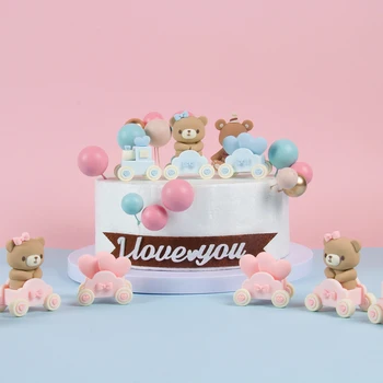 Розово-голубой Медвежий поезд, Топпер для торта, украшение для детского душа, украшение для дня рождения, резиновые куклы-медведи, украшение для вечеринки для мальчиков и девочек, раскрывающий пол, декор для вечеринки
