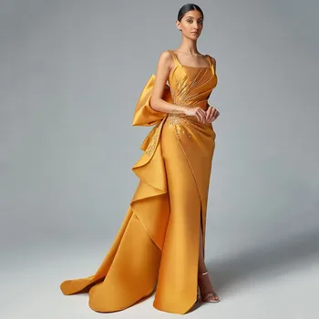 2023 Элегантные Желтые атласные платья для выпускного вечера С квадратным воротником, складками, без спинки, Большим бантом, расшитым бисером, вечерние платья длиной до пола