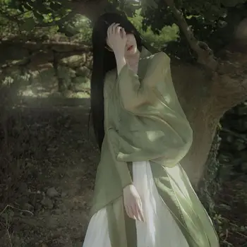 топ в китайском стиле 2023, традиционный топ fairy hanfu, женская элегантная винтажная одежда, блузка, зеленый шифон, улучшенный китайский топ