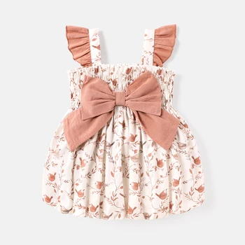 Платье с принтом PatPat Baby Girl из 100% хлопка с контрастными оборками и бантом спереди по всей длине