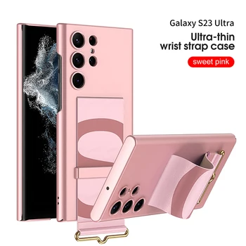 Модный Широкий Ремешок Для Телефона Samsung Galaxy S23 Ultra S23 + S23 Гладкая Жесткая Кожа ПК Подставка Для Браслета Противоударный Чехол