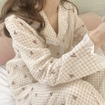 Женская пижама, новый Весенне-летний комплект мягкой пижамы с длинным рукавом, кружевная женская пижама в клетку, женский комплект домашней пижамы, кардиган