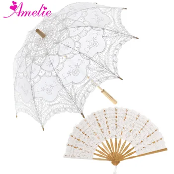 Кружевной зонтик и веер Battenburg, Набор солнцезащитных зонтиков для невесты взрослого размера, Винтажная вечеринка в лесу, душ, Реквизит для фотосессии, Зонтик, Веер