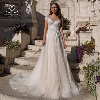 Свадебное платье без рукавов 2023, расшитое бисером, Придворный поезд трапециевидной формы, платье принцессы Vestido De Novia SwanSarah AG81, платье невесты большого размера.