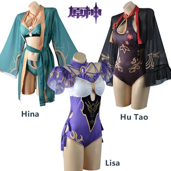 Игровой костюм для косплея Genshin Impact, купальник Hu Tao Hina Lisa, женская одежда для плавания, летний пляжный купальник для девочек, костюм для вечеринки на Хэллоуин