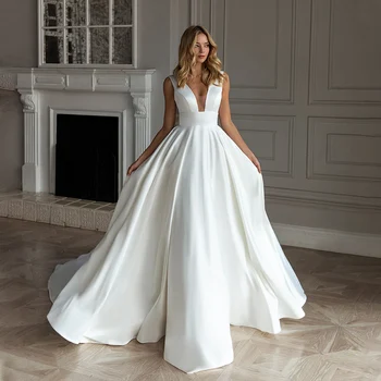 Модное атласное свадебное платье с V-образным вырезом и бантом на спине, без рукавов, трапециевидное свадебное платье принцессы с длинным хвостом, vestido