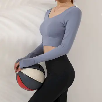 Летняя женская рубашка для йоги с U-образным вырезом и длинными рукавами, выдалбливают Тонкий женский жилет, обнажающий живот, Спорт, бег, фитнес, без спинки на открытом воздухе