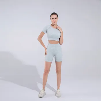 Бесшовные шорты для йоги с высокой талией, женский комплект из двух предметов, спортивный костюм для фитнеса, спортивная одежда для тренировок, одежда Ropa Para Mujer