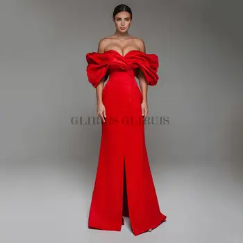 Классические красные платья для выпускного вечера в стиле русалки С открытыми плечами, вечерние платья со складками, вечернее платье с шлейфом и разрезом спереди