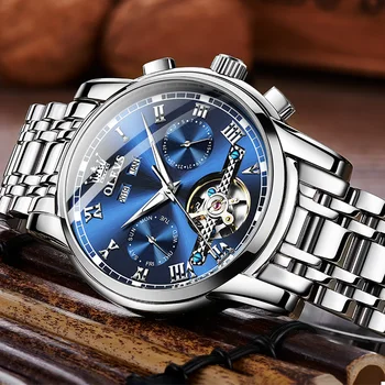 Мужские часы бренда Olevs, автоматические механические деловые наручные часы, водонепроницаемые мужские часы из нержавеющей стали с календарем-скелетоном