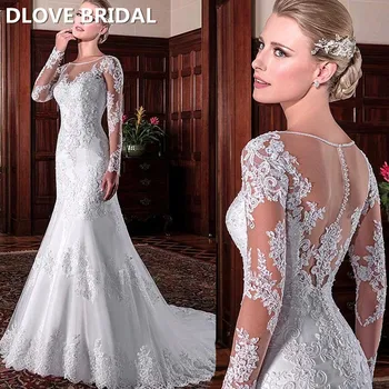 Стильное свадебное платье Русалки, иллюзия спины, бусины с длинным рукавом, кружевные аппликации с круглым вырезом, Vestido De Noiva, свадебное платье невесты.