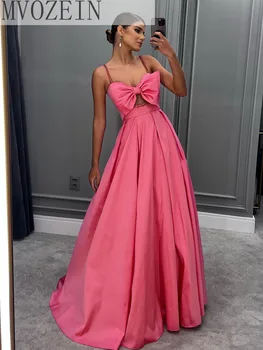 Розовое атласное вечернее платье с бантом 2023, длинное вечернее платье на бретельках, Женские вечерние платья трапециевидной формы, Элегантные вечерние платья