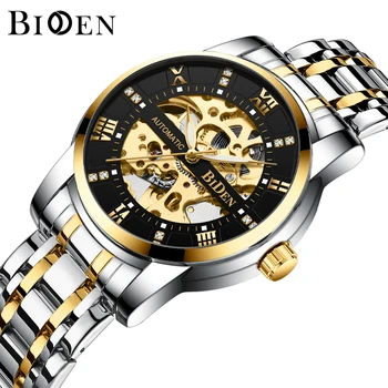 Автоматические часы BIDEN Skeleton для мужчин, деловые механические наручные часы для мужчин, лучший бренд класса люкс с металлическим золотым ремешком, деловые