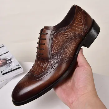 Мужские модельные туфли, Модная мужская повседневная обувь с острым носком на шнуровке, коричневые, черные кожаные туфли-оксфорды, Большие размеры 39-48, Брендовые