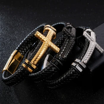 Плетеный Кожаный браслет с христианским крестом, мужские Классические браслеты из нержавеющей стали цвета черного золота, подарки для парня