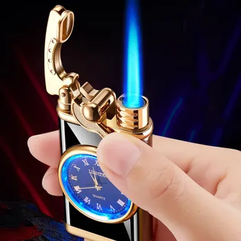 Металлическая ветрозащитная бутановая зажигалка с коромыслом зажигания, турбинная горелка с синим пламенем, зажигалка с циферблатом, Персонализированный креативный подарок для мужчин