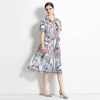 Платье-рубашка Миди с цветочным принтом, Женская Летняя одежда 2023 года, Однобортный Модный пояс с бантом на шнуровке, Длинные платья с цветочным рисунком