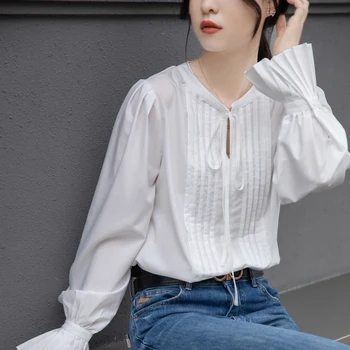2023 новая белая рубашка, женская блузка с длинным рукавом, роскошная дизайнерская мода с расклешенными рукавами, шикарные топы на шнуровке, элегантные плиссированные блузки