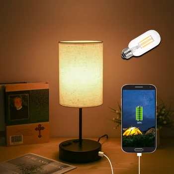 Прикроватные настольные лампы USB со светодиодной лампой E27 Лампа с сенсорным управлением Тканевый абажур для украшения комнаты Светильник для спальни Настольная лампа