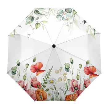 Весенний эвкалипт, цветы мака, автоматический зонт, складной зонт для путешествий, портативный ветрозащитный зонт-зонтики