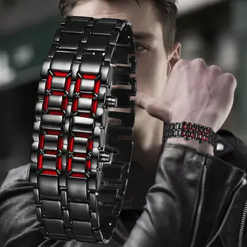 Светодиодные часы Eectronic с ремешком из легированной стали, мужские наручные часы с красным и синим световым дисплеем, цифровые часы