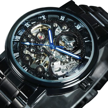 Механические Часы WINNER Black Skeleton Модные Синие Светящиеся Указатели Классические Автоматические Часы для Мужчин с Ремешком из Нержавеющей Стали