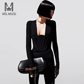 MSMUSI 2023 Новая Мода Женщины Сексуальный Черный Шикарный Простой Корсет С V Образным Вырезом С Длинным Рукавом Бандаж Party Club Bodycon Slim Event Midi Dress