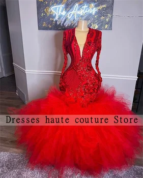 Элегантные красные платья выпускного вечера в стиле русалки с длинным рукавом, сексуальные 2023 для чернокожей девушки, кружевные вечерние платья с блестками и оборками, платье для вечеринки по случаю дня рождения