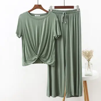 Женская модальная пижама 2023, Весенне-летние комплекты из двух предметов, футболка с V-образным вырезом и коротким рукавом, Тонкая домашняя одежда, широкие брюки, костюм Q538