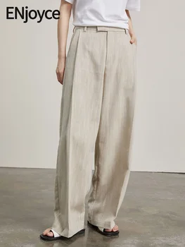 Наслаждайтесь Весенне-летними Женскими винтажными льняными брюками в Корейском модном стиле Блоггеров, Высокой талией, Широкими штанинами, Свободными Прямыми брюками