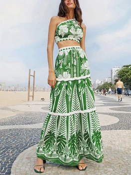 Зеленый Винтажный принт с разрезом на одно плечо, Романтическое комфортное пляжное платье для курортных путешествий и бикини 2023, новинка женского лета