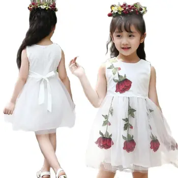 2021 Летние платья с вуалевыми розами для девочек, детская одежда для свадебных мероприятий, Платье с цветочным узором для девочек, Костюмы для вечеринки в честь дня рождения, Детская одежда