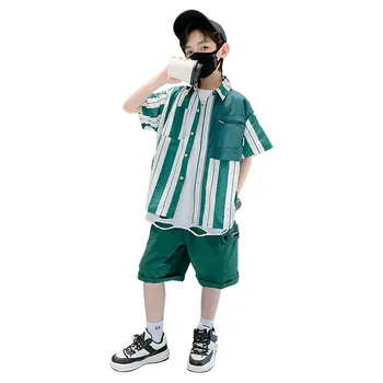 Летние полосатые рубашки для больших мальчиков, Корейские подростковые зеленые топы с отложным воротником, модные Детские топы с карманами на молнии 8-12 лет