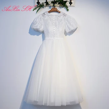 AnXin SH princess белое цветочное кружевное платье с круглым вырезом и коротким пышным рукавом, винтажное вечернее платье трапециевидной формы на пуговицах, расшитое бисером, маленькое белое платье