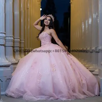 Розовые пышные платья с тюлевыми кружевными аппликациями, бальное платье для вечеринки по случаю Дня рождения, платье принцессы с милым блеском, 15 лет