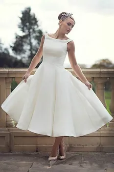 винтажные короткие свадебные платья длиной до чая 60-х годов, бальное платье с круглым вырезом, атласное платье для приема гостей, женские платья для второй свадьбы, свадебные платья