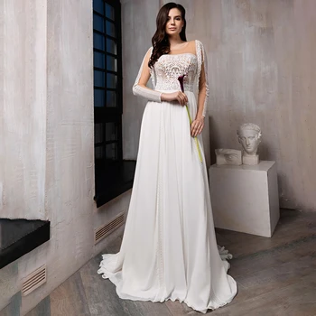 Свадебное платье в стиле бохо с геометрическим кружевом и длинными рукавами, шифон, сшитый на заказ, 2022, большие размеры, хрустальные кисточки, овальный вырез, свадебные платья трапециевидной формы